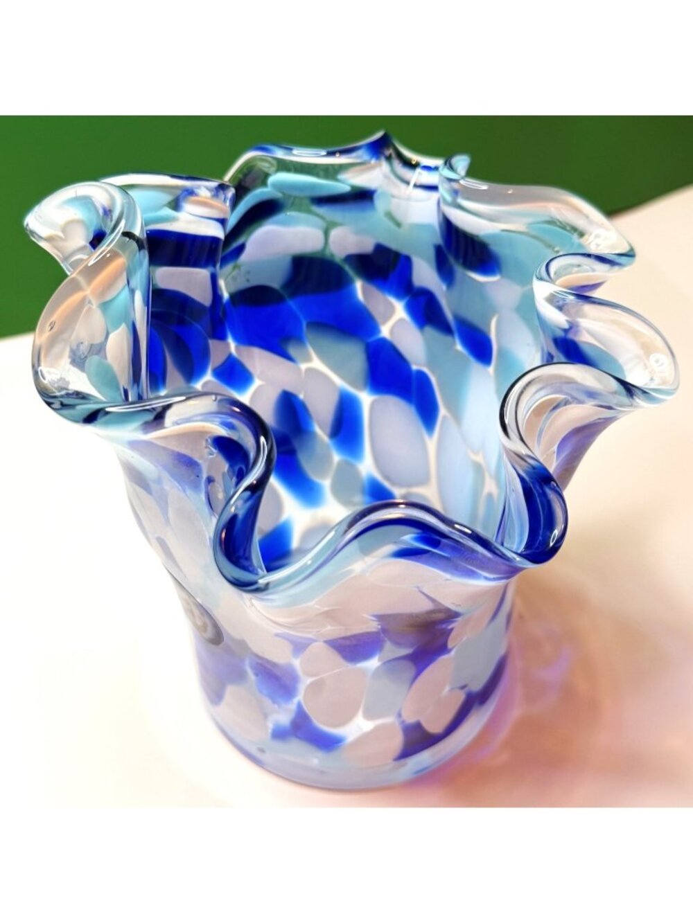 Handmade Zorza Polish Art Glass Vase Blue White Ruffled Rim 7.5 in Mouth Blown